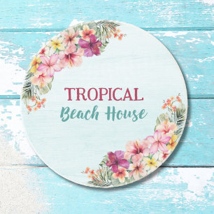 Dessous De Verre En Grès Maison de plage tropicale Fleurs roses Floral Bota