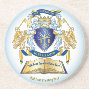 Dessous De Verre En Grès Make Your Own Emblem Tree Book Key Crown Gold Blue