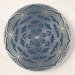 Dessous De Verre En Grès Mandala Art Boho Elegant Luxury Gold et Navy Blue