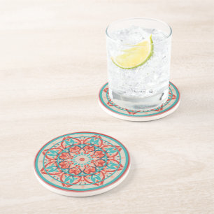 Dessous De Verre En Grès Mandala bohème orange et turquoise