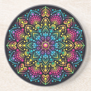Dessous De Verre En Grès Mandala peint aux points arc-en-ciel