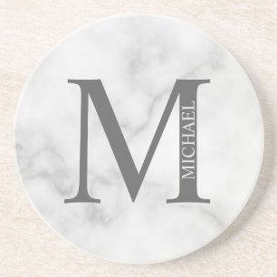 Dessous De Verre En Grès Marbre blanc Monogramme personnalisé et nom