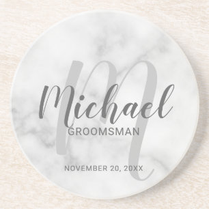 Dessous De Verre En Grès Marbre blanc Script moderne Groomsmen personnalisé