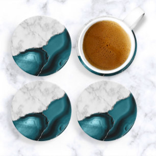 Dessous De Verre En Grès Marbre blanc Turquoise Blue Agate Parties scintill