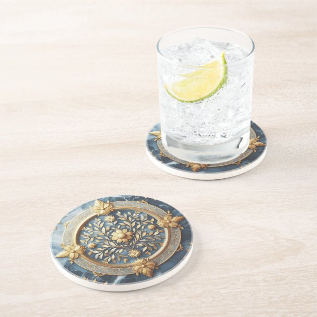 Dessous De Verre En Grès Marbre Bleu Et Découpe Or (Côté)