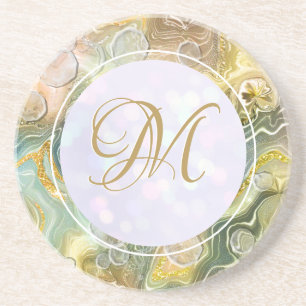 Dessous De Verre En Grès Marbre doré abstrait à monogramme élégant initial