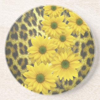 DESSOUS DE VERRE EN GRÈS MARGUERITES JAUNES AVEC L'EMPREINTE DE LÉOPARD