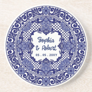 Dessous De Verre En Grès Mariage à la Talavera Bleue Mexicaine