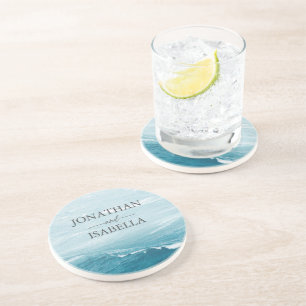Dessous De Verre En Grès Mariage d'été au bord de la mer bleue ondulée ombr