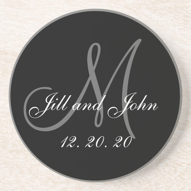 Dessous De Verre En Grès Mariage élégant gris noir de monogramme (Devant)