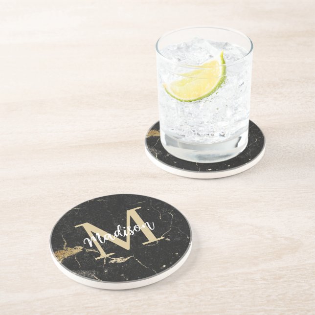 Dessous De Verre En Grès Marque noire Monogram Gold (Côté)
