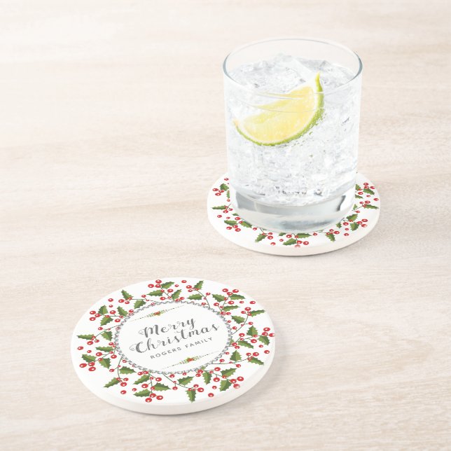 Dessous De Verre En Grès Merry Christmas Berries Wreath & Modern Typographi (Côté)