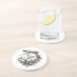 Dessous De Verre En Grès Merry Christmas-Red Berries & Bullfinch
