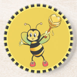 Dessous De Verre En Grès Mignonne abeille à miel et cœur sur fond noir et j