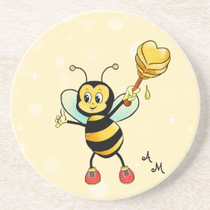 Dessous De Verre En Grès Mignonne abeille à miel et monogramme sur fond jau