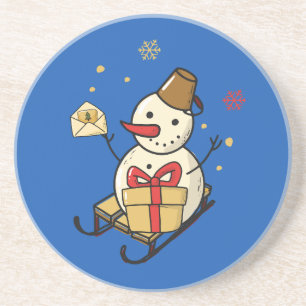 Dessous De Verre En Grès Mignonne Snowman Sur Un Motoneige