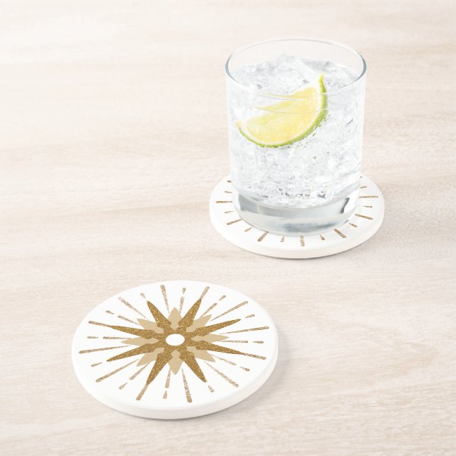 Dessous De Verre En Grès Milieu du siècle moderne Gold Starburst Round (Côté)