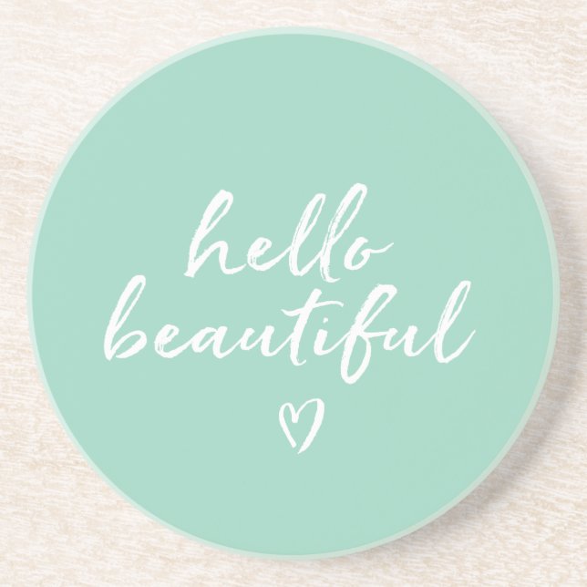 Dessous De Verre En Grès Mint White Hello Beautiful Inspirational Heart (Devant)