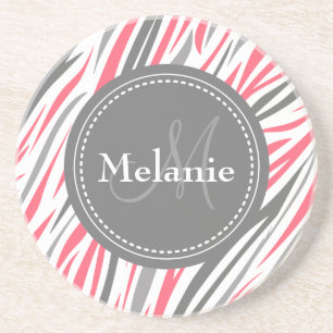 Dessous De Verre En Grès Modèle de zèbre rose et gris monogramme