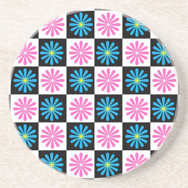 Dessous De Verre En Grès Modèle floral bleu rose géométrique (Devant)