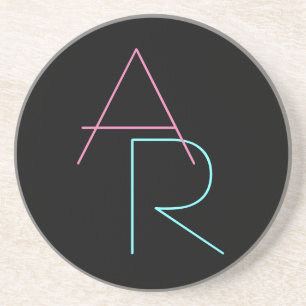 Dessous De Verre En Grès Modern Overlapping Initials   Pink Turquoise Black