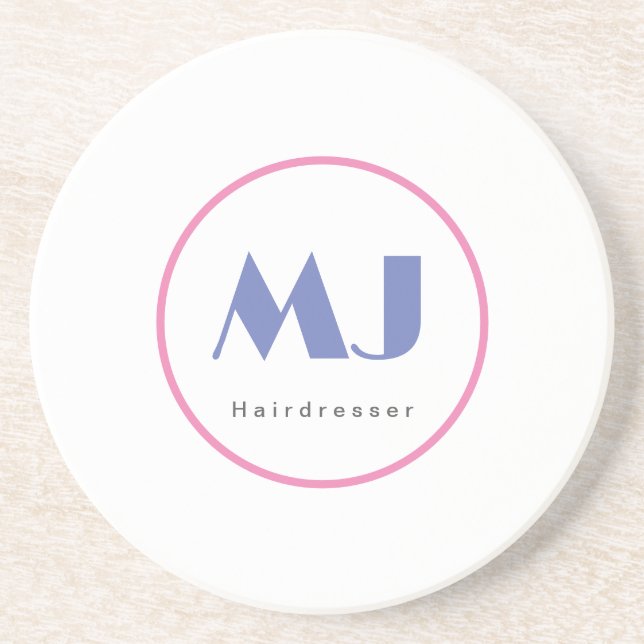 Dessous De Verre En Grès Moderne et élégant Monogramme Bleu Coiffeur blanc (Devant)