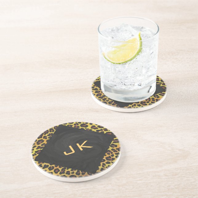 Dessous De Verre En Grès Monogramme avec léopard Brown et jaune (Côté)