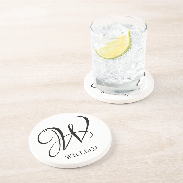 Dessous De Verre En Grès Monogramme blanc élégant et personnalisé initial (Côté)