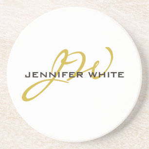 Dessous De Verre En Grès Monogramme blanc or couleur plaine minimaliste mod