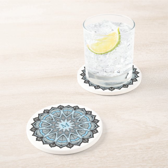 Dessous De Verre En Grès Monogramme bleu orange Mandala (Côté)