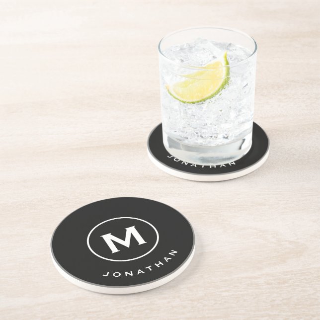 Dessous De Verre En Grès Monogramme classique moderne noir Nom Pierre (Côté)