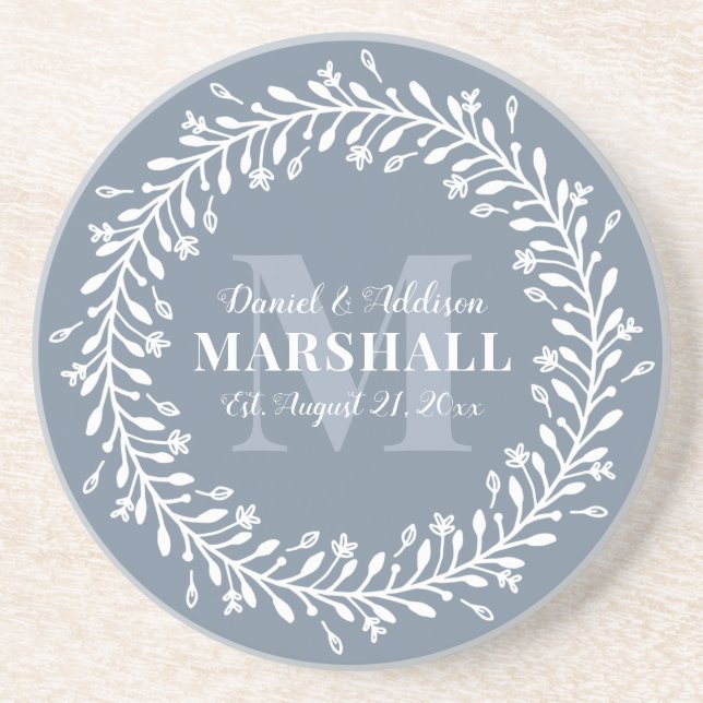 Dessous De Verre En Grès Monogramme de couronne bleu à deux couples mariés (Devant)