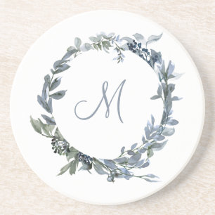 Dessous De Verre En Grès Monogramme de couronne botanique bleu foncé