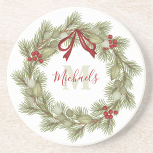 Dessous De Verre En Grès Monogramme de la couronne botanique de Noël Red Ho