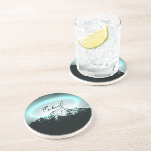Dessous De Verre En Grès Monogramme de lumière de néon bleu mystérieux de m