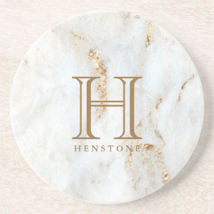 Dessous De Verre En Grès Monogramme de Marbre blanc doré