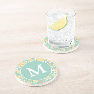 Dessous De Verre En Grès Monogramme de Motif turquoise et jaune à ressort