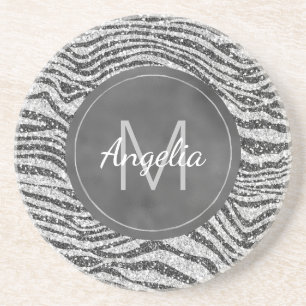 Dessous De Verre En Grès Monogramme de Parties scintillant Zebra Noir Argen