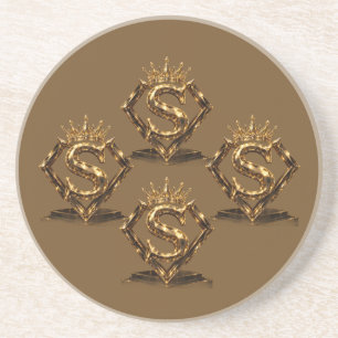 Dessous De Verre En Grès Monogramme Diamant Couronne Lettre Dorée S de Luxe