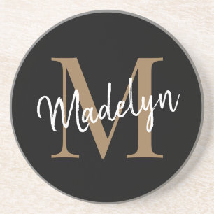 Dessous De Verre En Grès Monogramme d'or noir féminin Script élégant modern