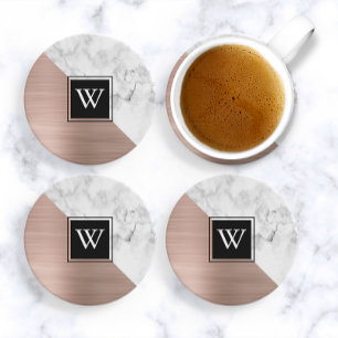 Dessous De Verre En Grès Monogramme élégant en marbre blanc et or rose