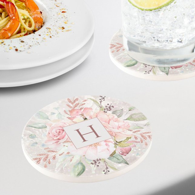 Dessous De Verre En Grès Monogramme Elégant rose Peony Floral Marbre (In situ)