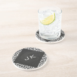 Dessous De Verre En Grès Monogramme Empreinte de léopard noir et blanc