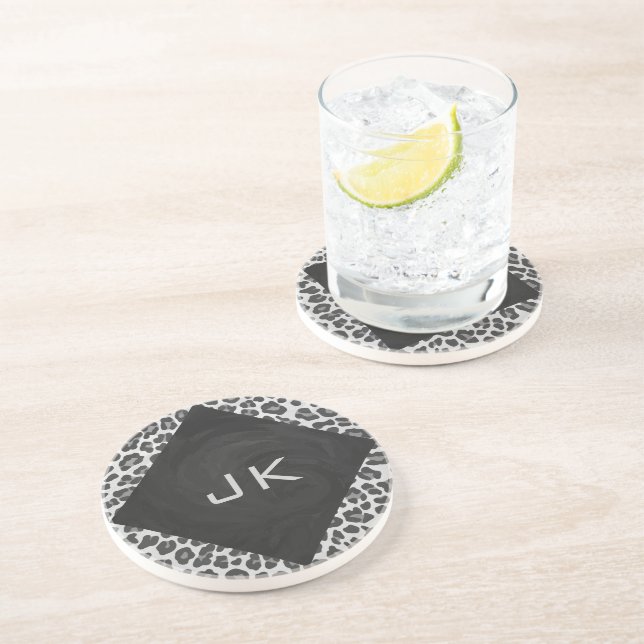 Dessous De Verre En Grès Monogramme Empreinte de léopard noir et blanc (Côté)