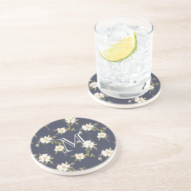 Dessous De Verre En Grès Monogramme floral blanc bleu marine (Côté)