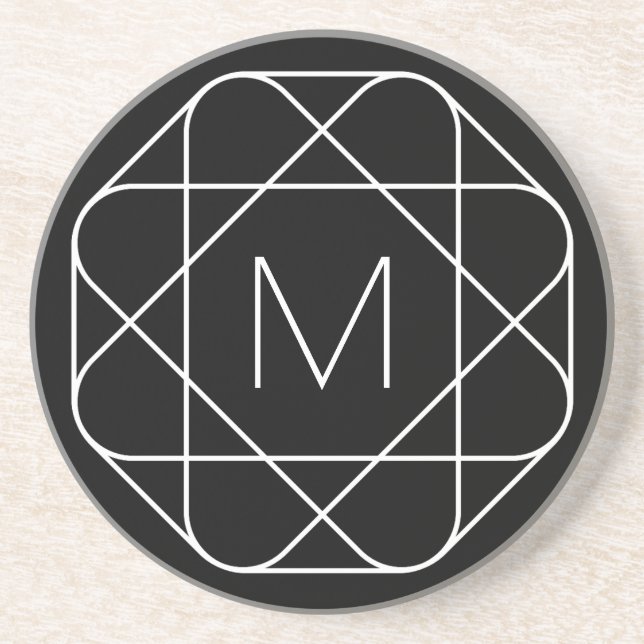 Dessous De Verre En Grès Monogramme géométrique noir et blanc (Devant)