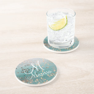 Dessous De Verre En Grès Monogramme Gold Stars sur Turquoise