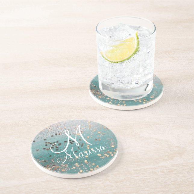 Dessous De Verre En Grès Monogramme Gold Stars sur Turquoise (Côté)