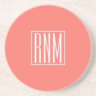 Dessous De Verre En Grès Monogramme initial   Blanc Sur Le Corail