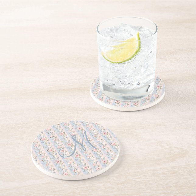 Dessous De Verre En Grès Monogramme Initial Rose Bleu Rayé Fleurs Roses  (Côté)